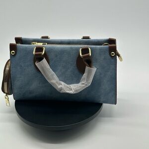 Blue Canvas Tote Bag with Brown Trim